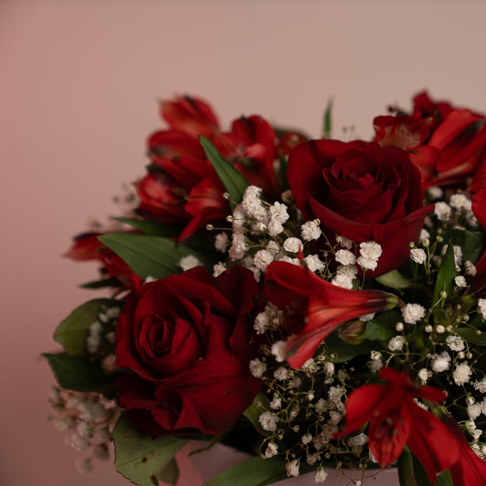 Happy Box Chocolate Cake and Red Flowers