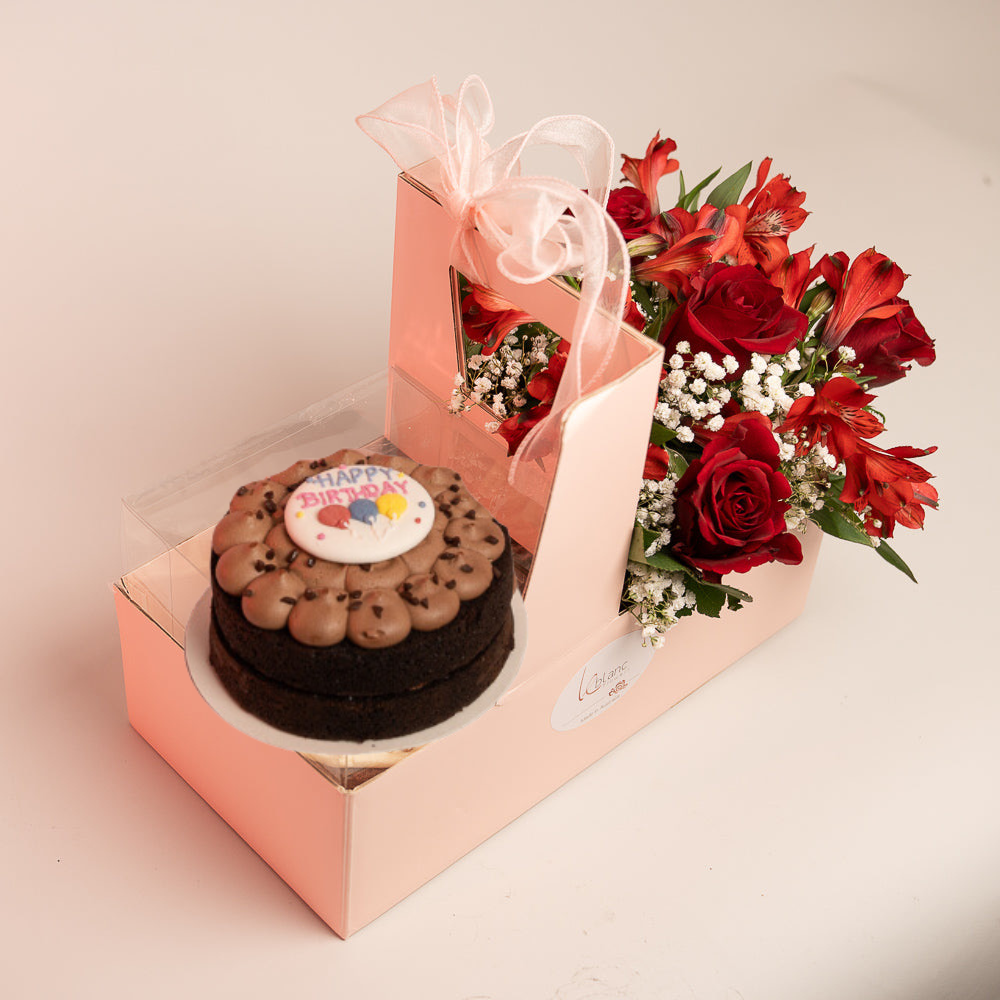 Happy Box Chocolate Cake and Red Flowers