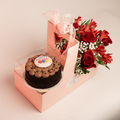 Happy Box Chocolate Cake and Red Flowers