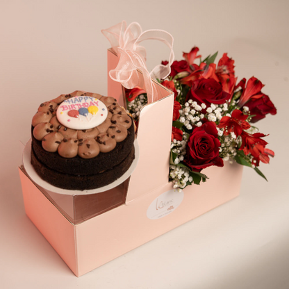 Happy Box Chocolate Cake and Red Flowers