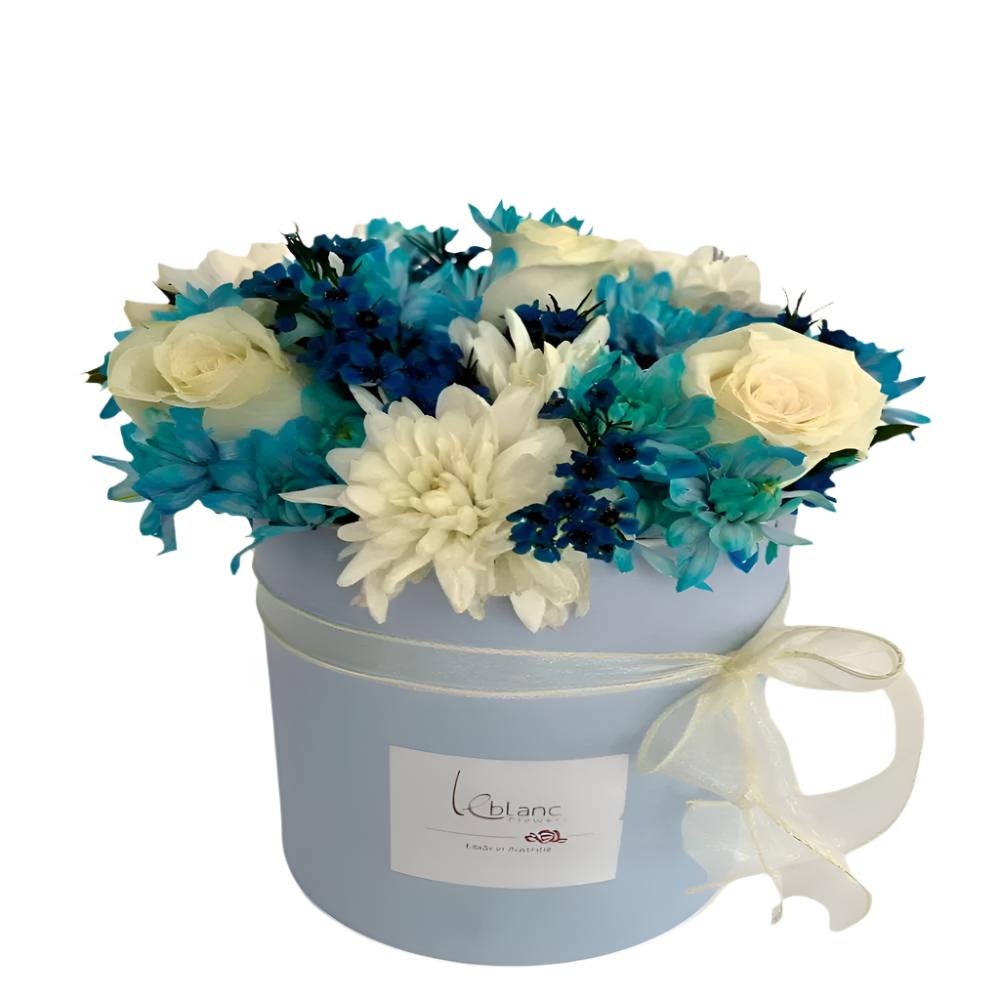 Round Box Flowers Blue Sea