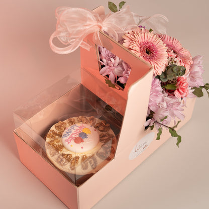 Happy Box Cake and Pink Flowers