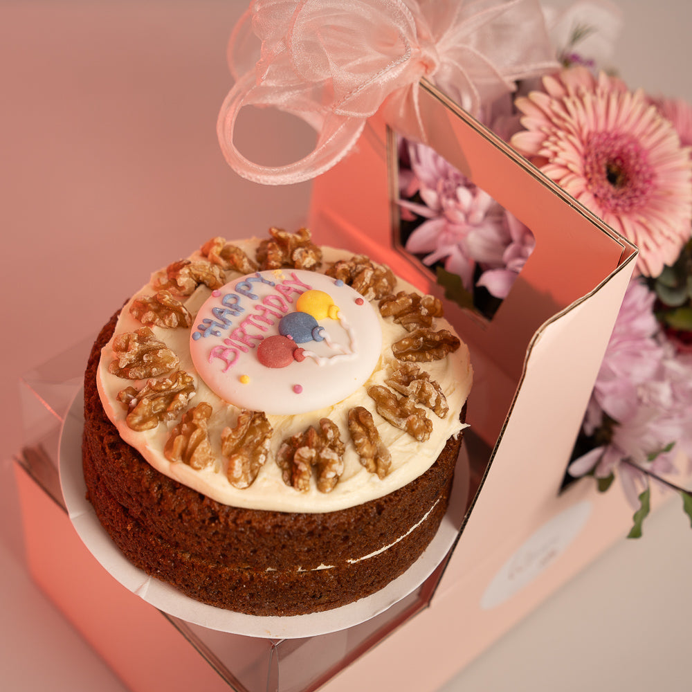 Happy Box Cake and Pink Flowers