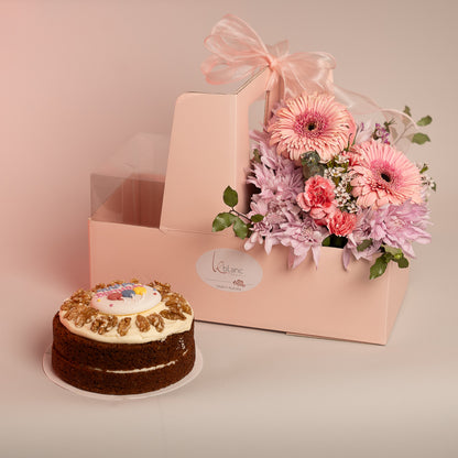 Happy Box Cake and Pink Flowers