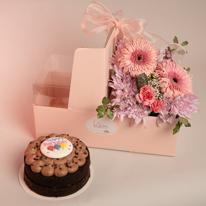 Happy Box Chocolate Cake and Pink Flowers