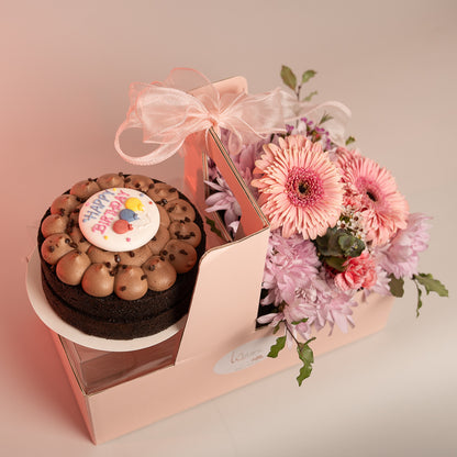 Happy Box Chocolate Cake and Pink Flowers