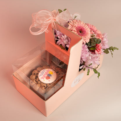 Happy Box Chocolate Cake and Pink Flowers