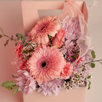 Happy Box Chocolate Cake and Pink Flowers