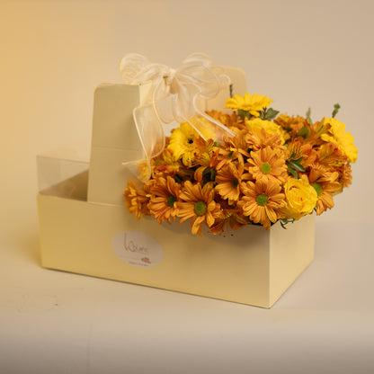 Happy Box Chocolate Cake and Yellow Flowers