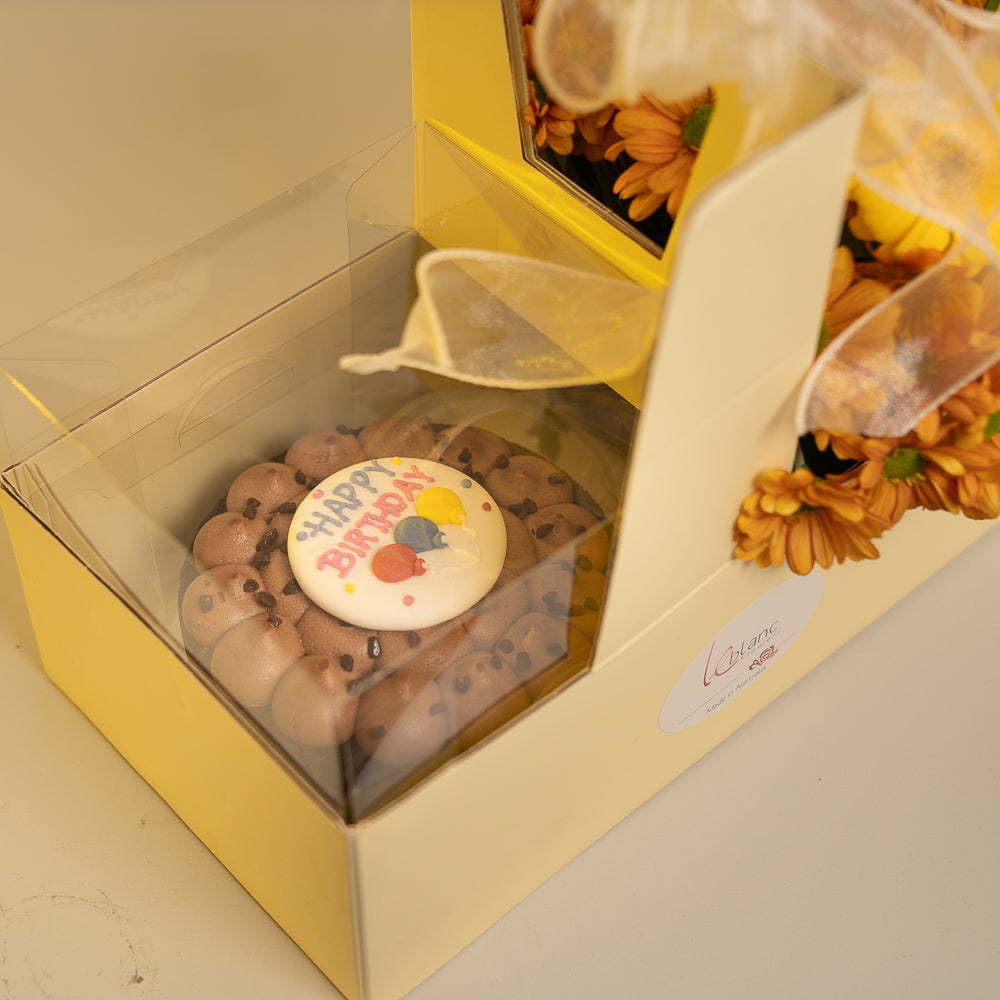 Happy Box Chocolate Cake and Yellow Flowers