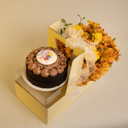 Happy Box Chocolate Cake and Yellow Flowers