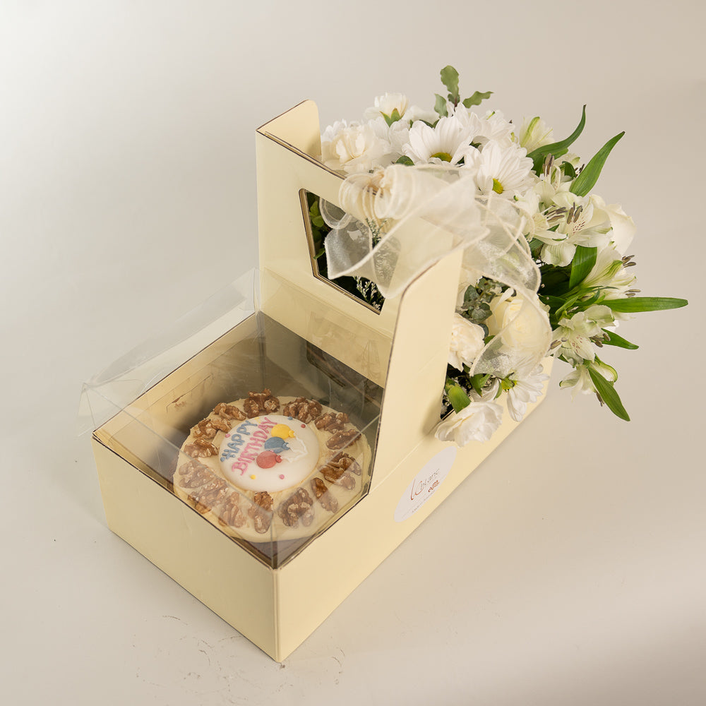 Happy Box Cake and White Flowers