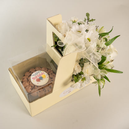 Happy Box Chocolate Cake and White Australian Roses