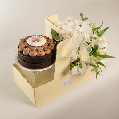 Happy Box Chocolate Cake and White Australian Roses