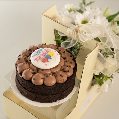 Happy Box Chocolate Cake and White Australian Roses