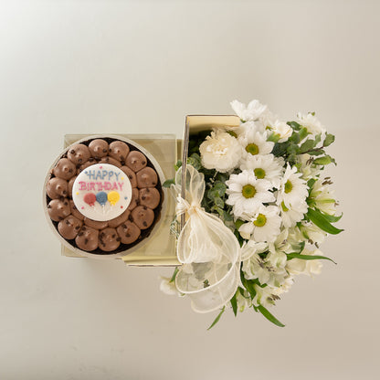 Happy Box Chocolate Cake and White Australian Roses