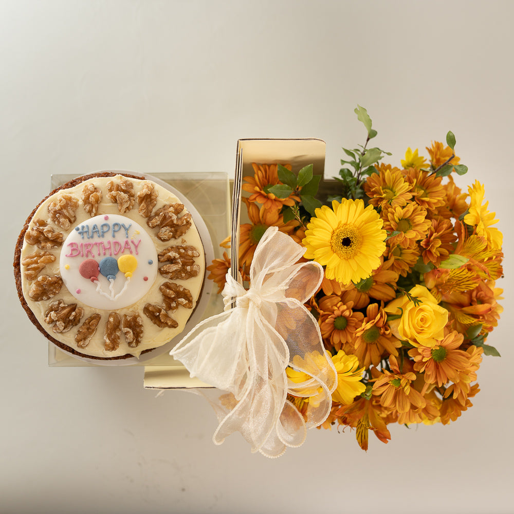 Happy Box Cake and Yellow Flowers