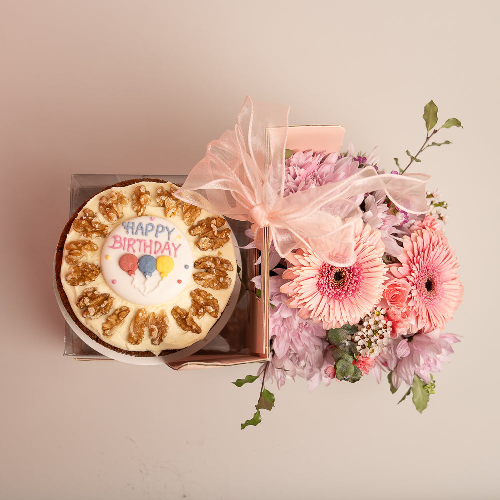 Happy Box Cake and Pink Flowers