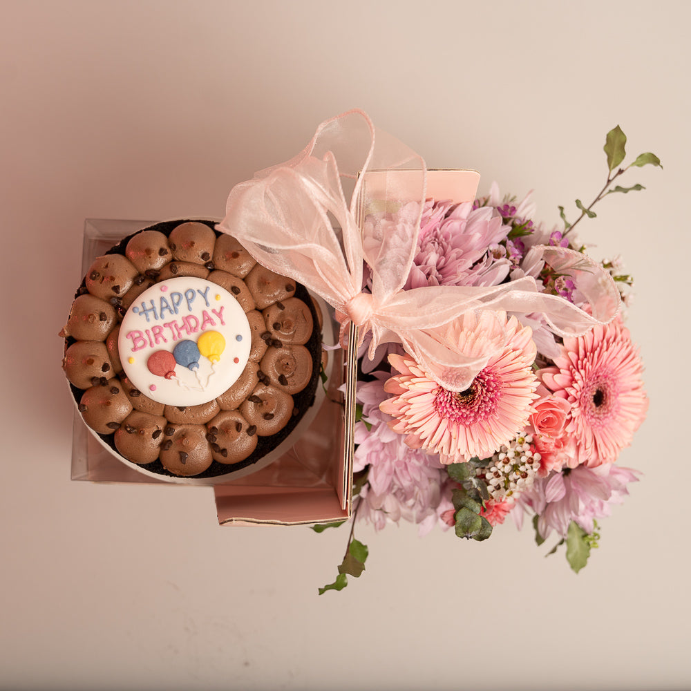 Happy Box Chocolate Cake and Pink Flowers