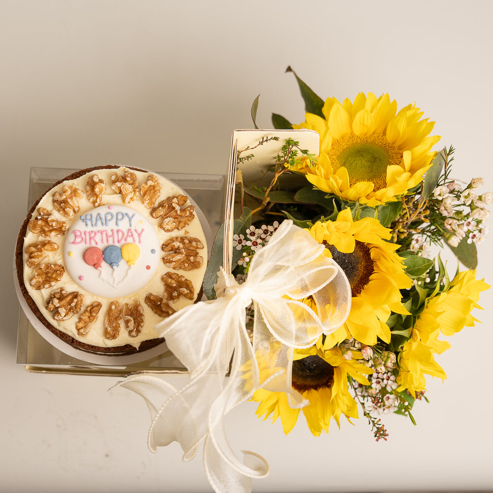 Happy Box Cake and Sunflowers