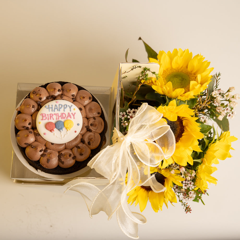 Happy Box Chocolate Cake and Sunflowers