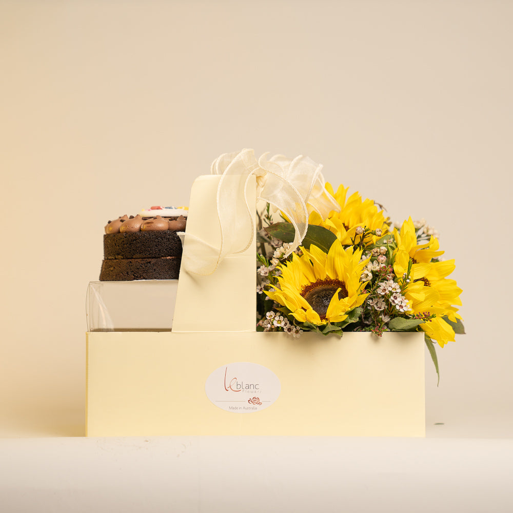 Happy Box Chocolate Cake and Sunflowers