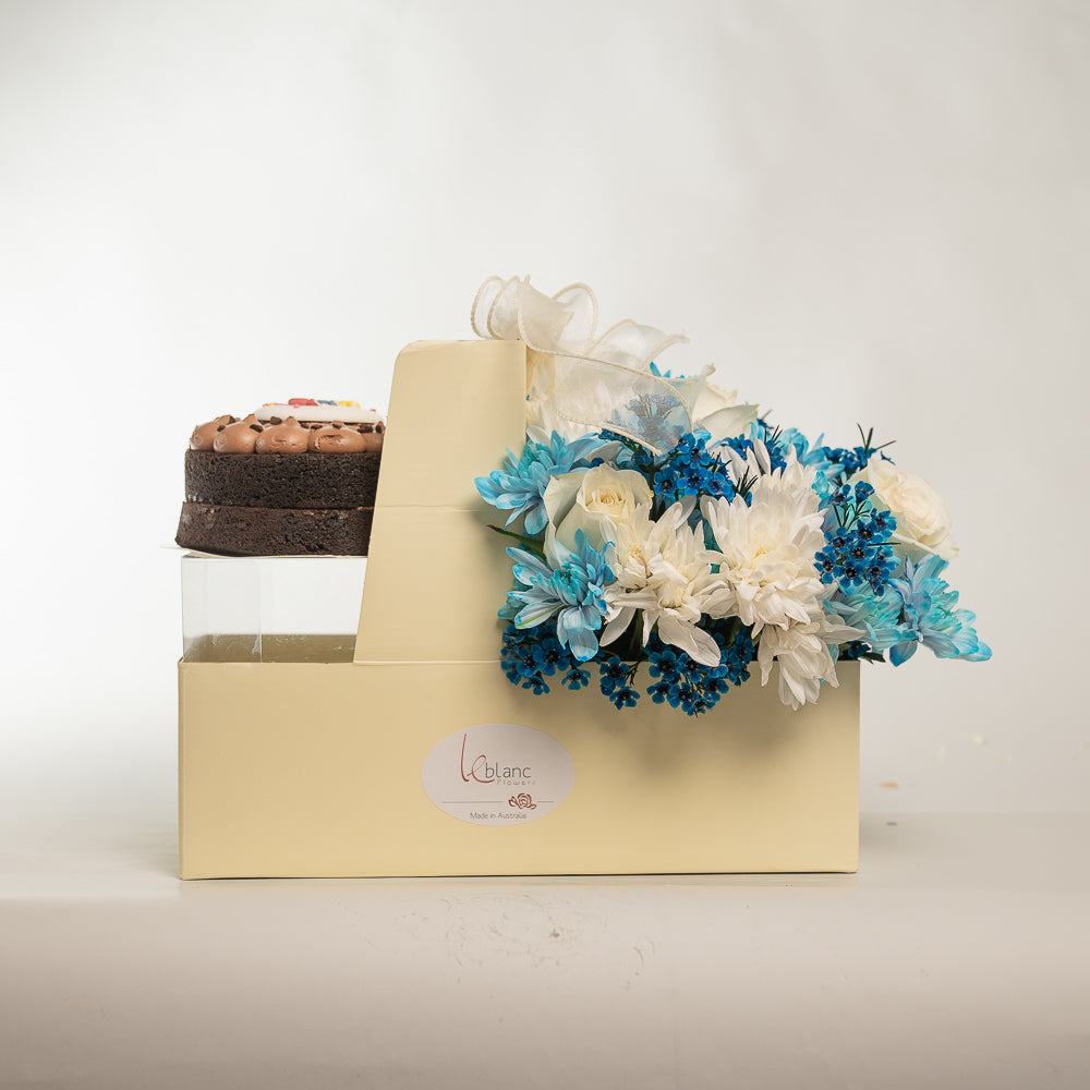 Happy Box Chocolate Cake - Blue and White Flowers