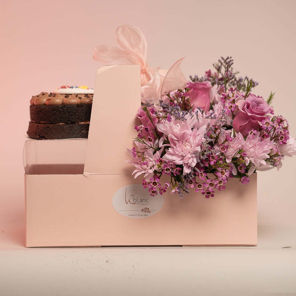 Happy Chocolate Box Cake and Pink Australian Roses