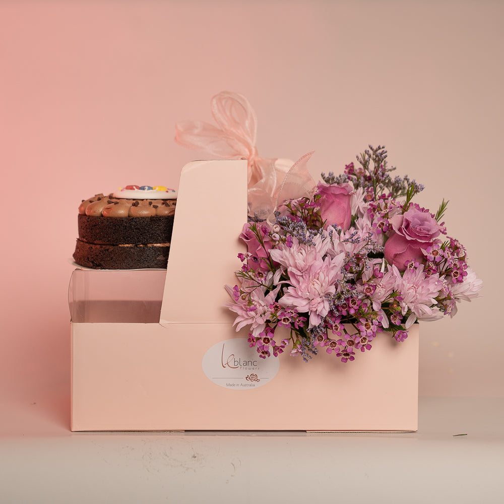 Happy Chocolate Box Cake and Pink Australian Roses