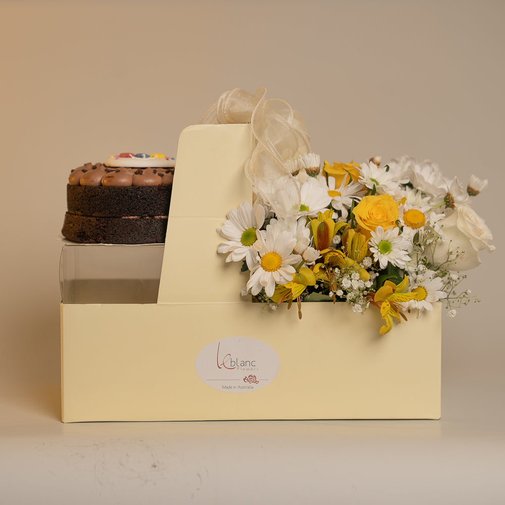 Happy Box Chocolate Cake - Yellow and White Australian Roses