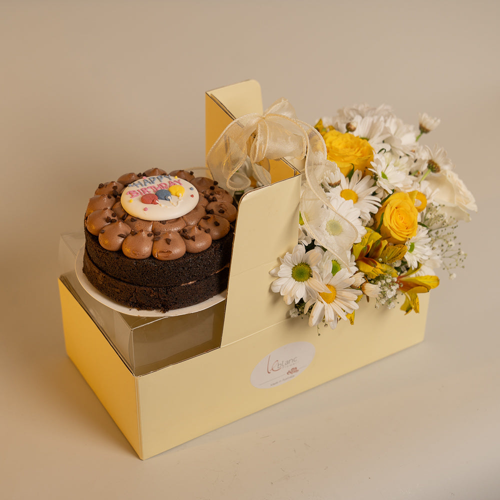 Happy Box Chocolate Cake - Yellow and White Australian Roses