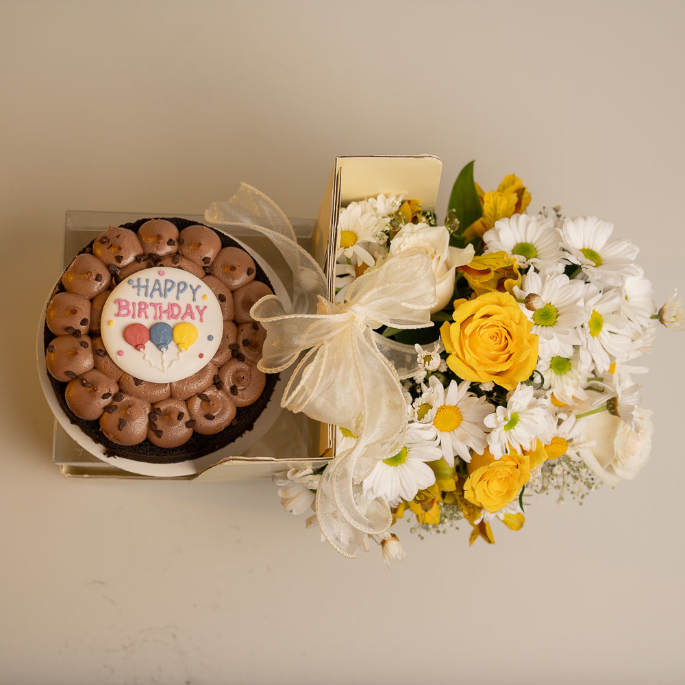 Happy Box Chocolate Cake - Yellow and White Australian Roses