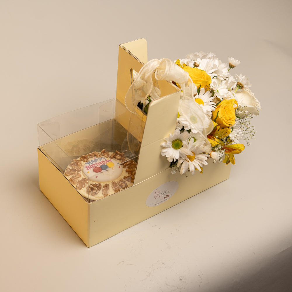 Happy Box Cake with Yellow and White Australian Roses