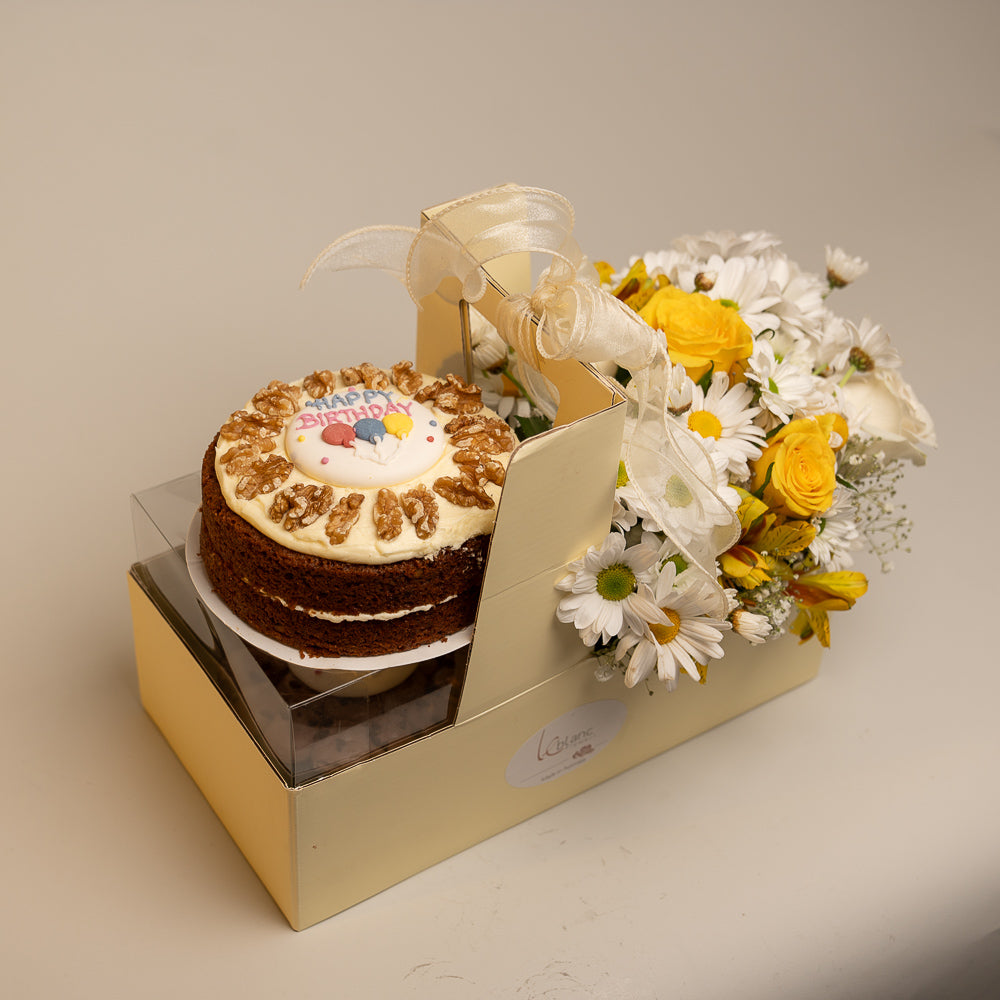 Happy Box Cake with Yellow and White Australian Roses