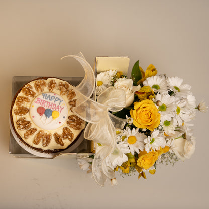 Happy Box Cake with Yellow and White Australian Roses