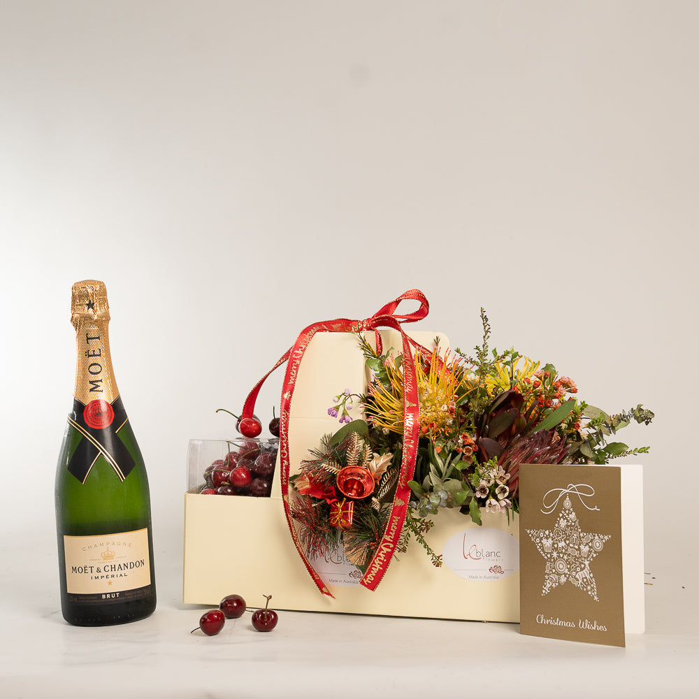 Chirstmas Hampers - Cherry Moet and Natives Flowers Box