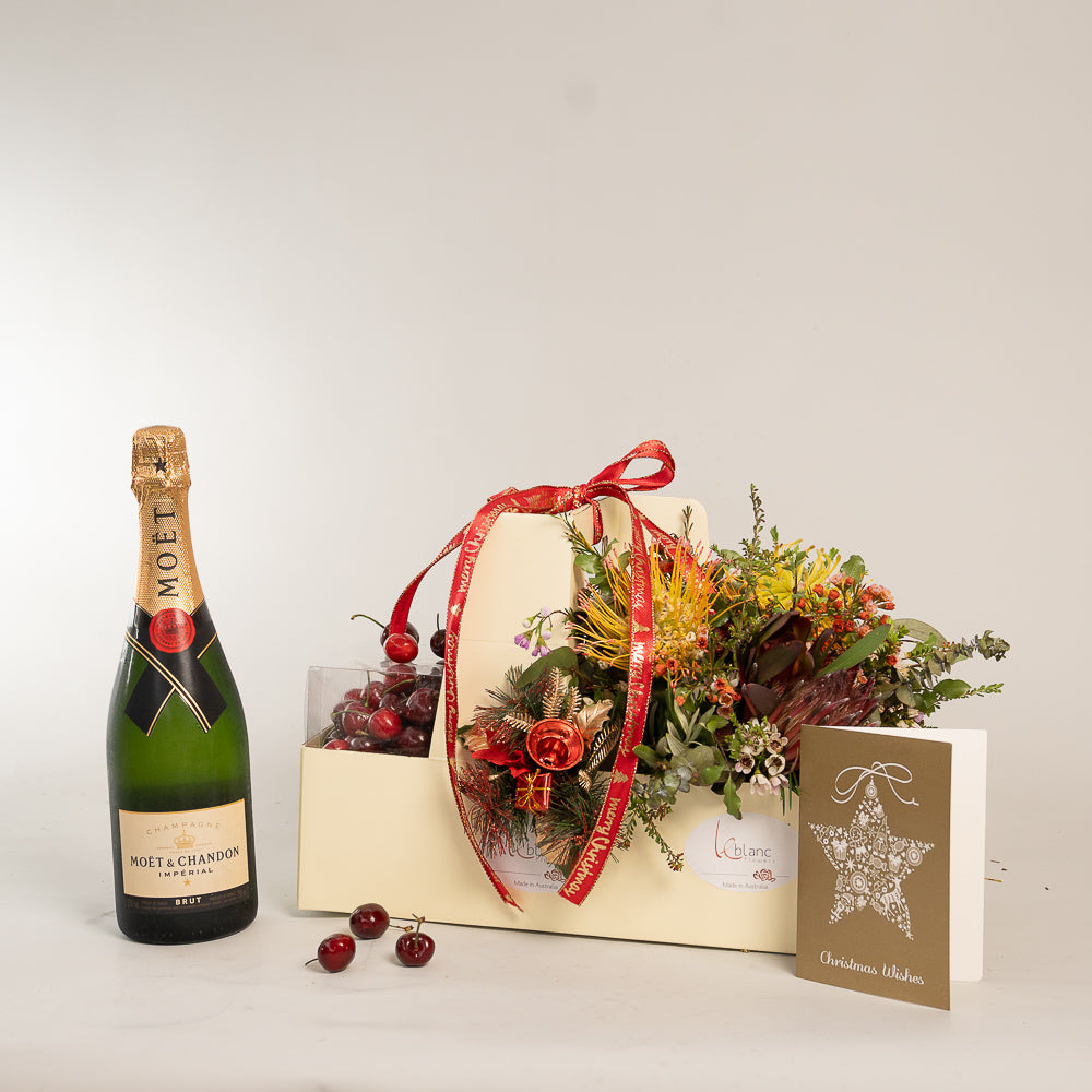 Chirstmas Hampers - Cherry Moet and Natives Flowers Box