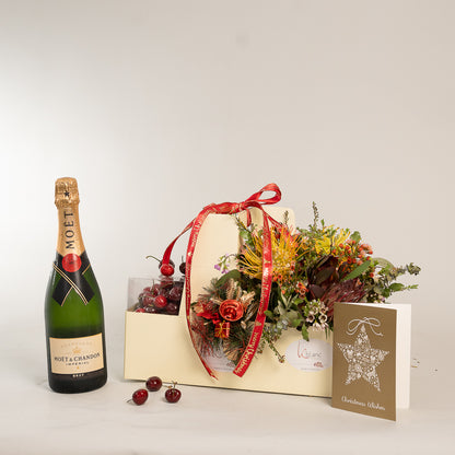 Chirstmas Hampers - Cherry Moet and Natives Flowers Box