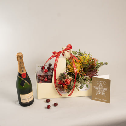 Chirstmas Hampers - Cherry Moet and Natives Flowers Box