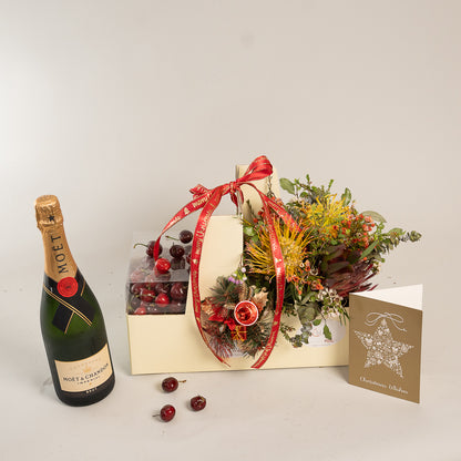 Chirstmas Hampers - Cherry Moet and Natives Flowers Box