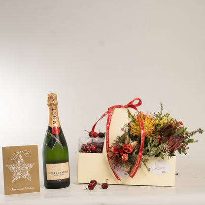 Chirstmas Hampers - Cherry Moet and Natives Flowers Box