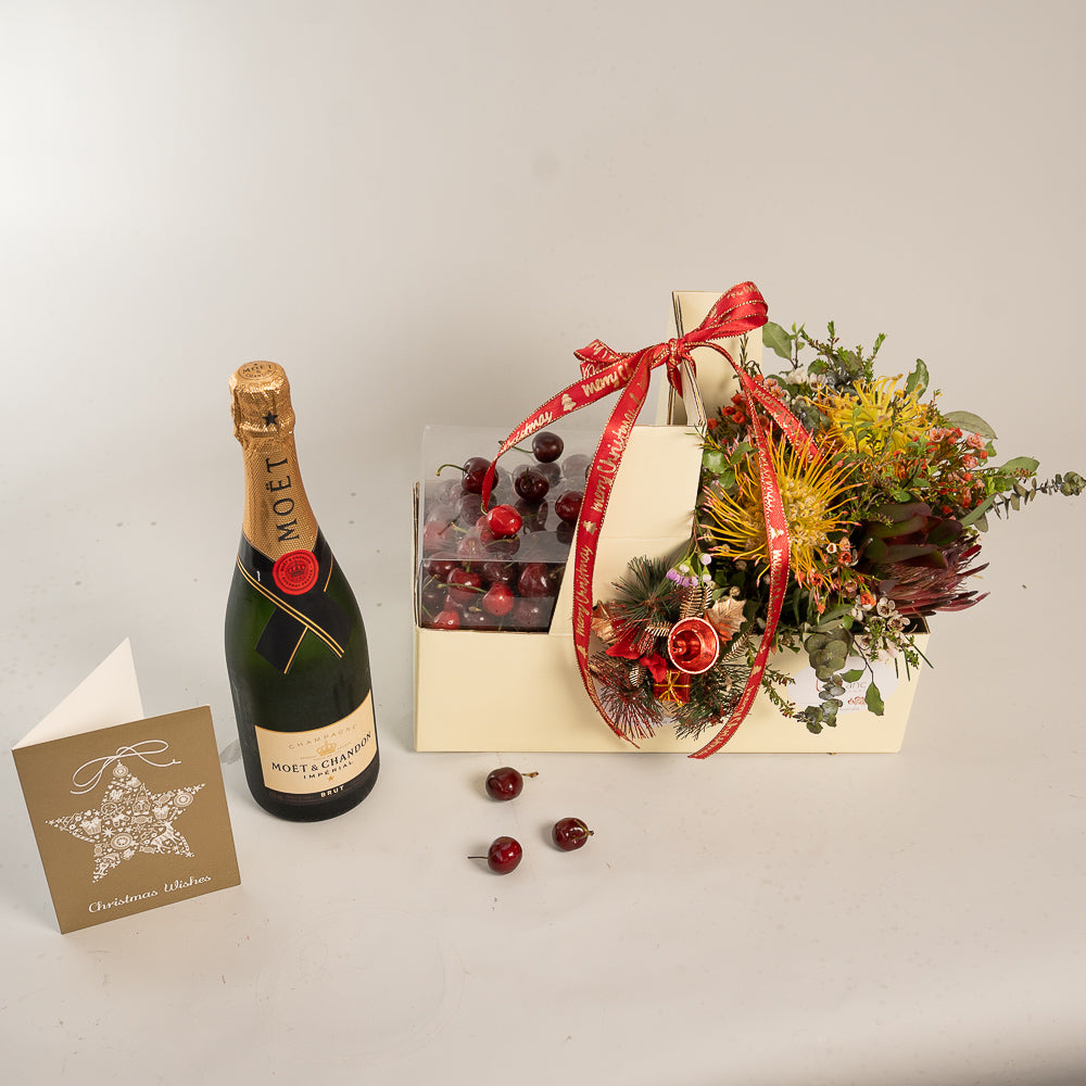 Chirstmas Hampers - Cherry Moet and Natives Flowers Box