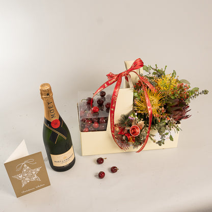 Chirstmas Hampers - Cherry Moet and Natives Flowers Box