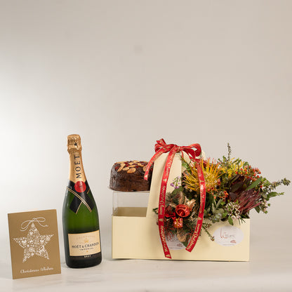 Christmas Cake Moet and Natives Flowers Box