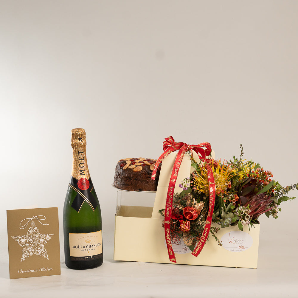 Christmas Cake Moet and Natives Flowers Box