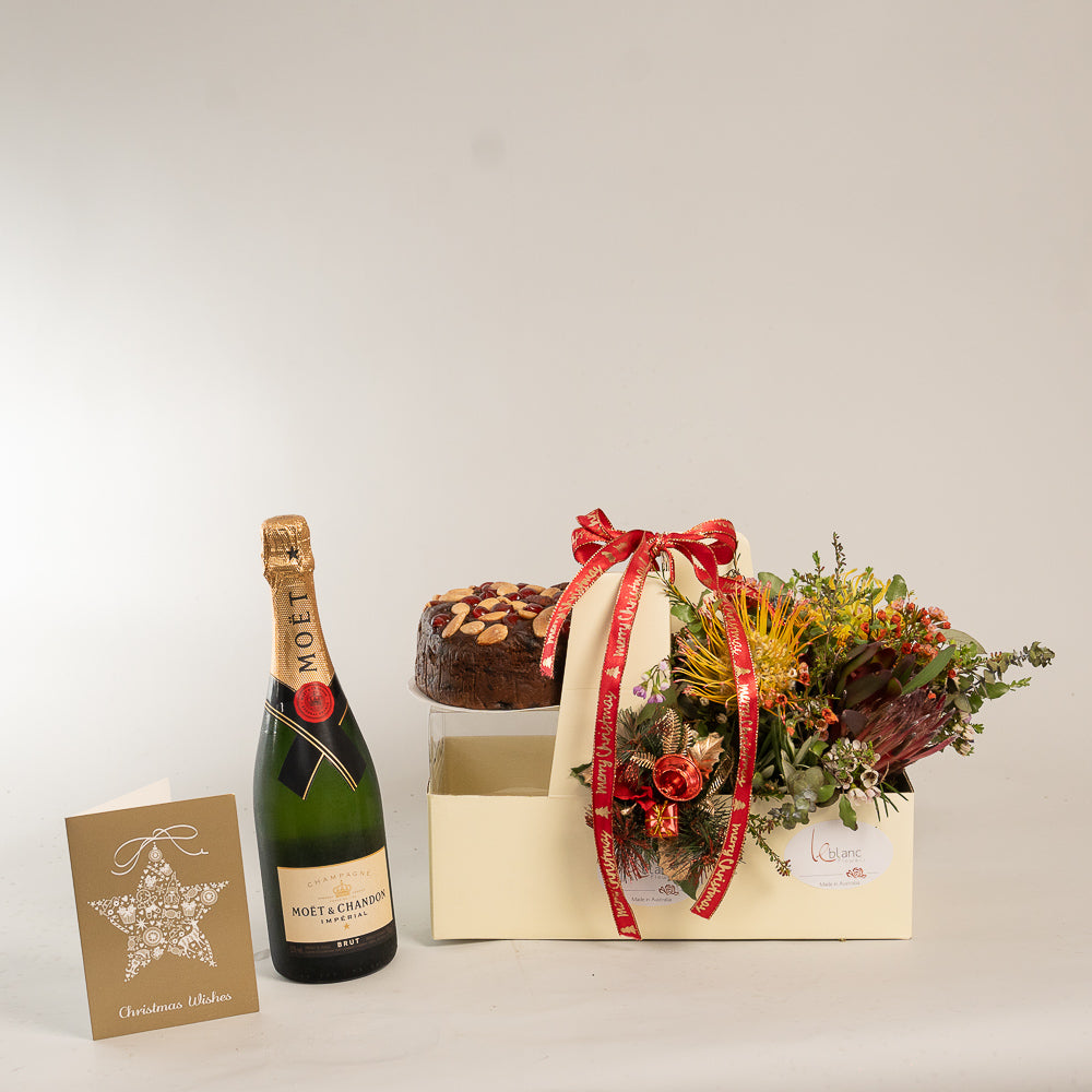 Christmas Cake Moet and Natives Flowers Box