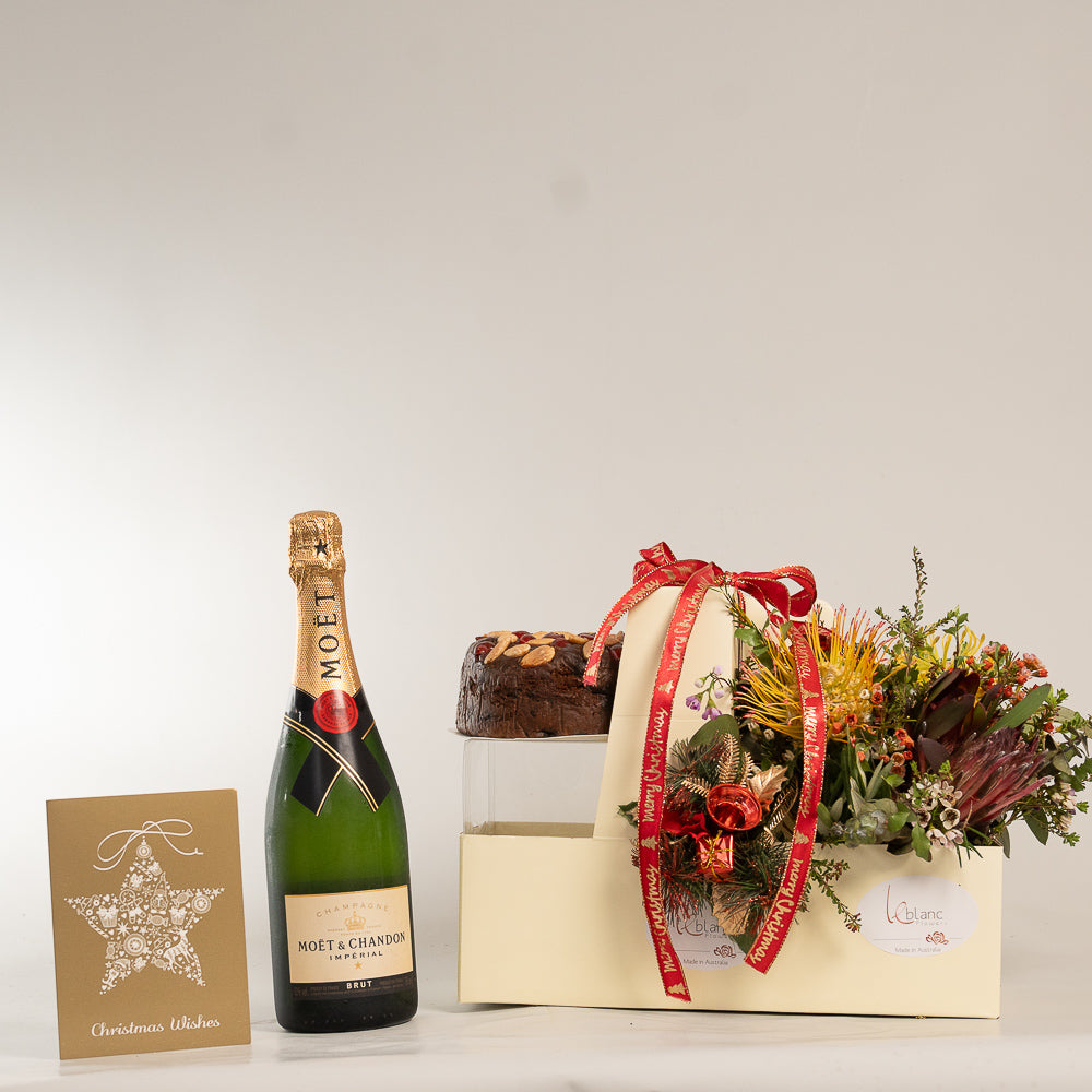 Christmas Cake Moet and Natives Flowers Box