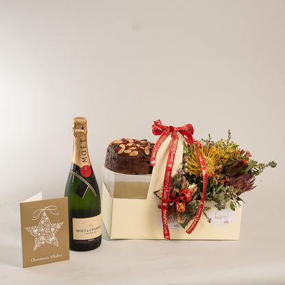 Christmas Cake Moet and Natives Flowers Box