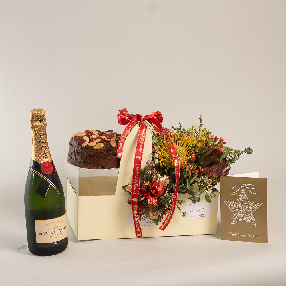 Christmas Cake Moet and Natives Flowers Box