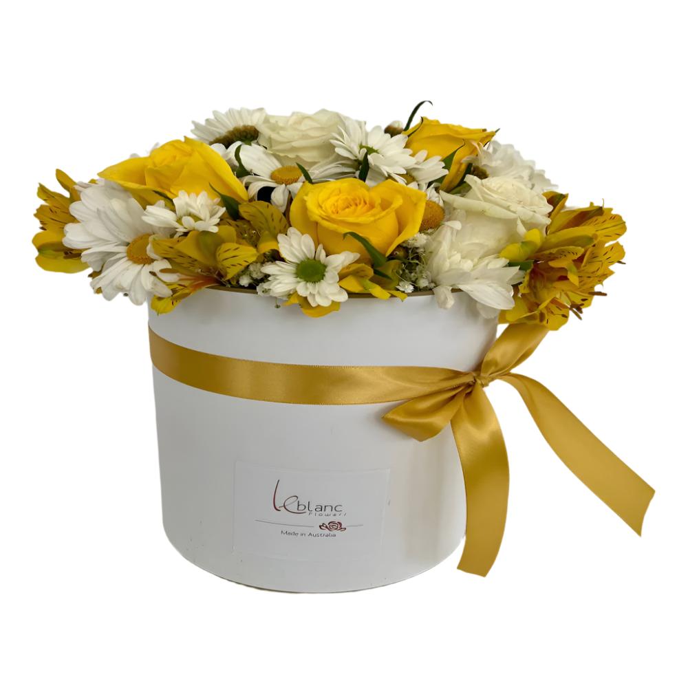 ROUND BOX WHITE AND YELLOW FLOWERS